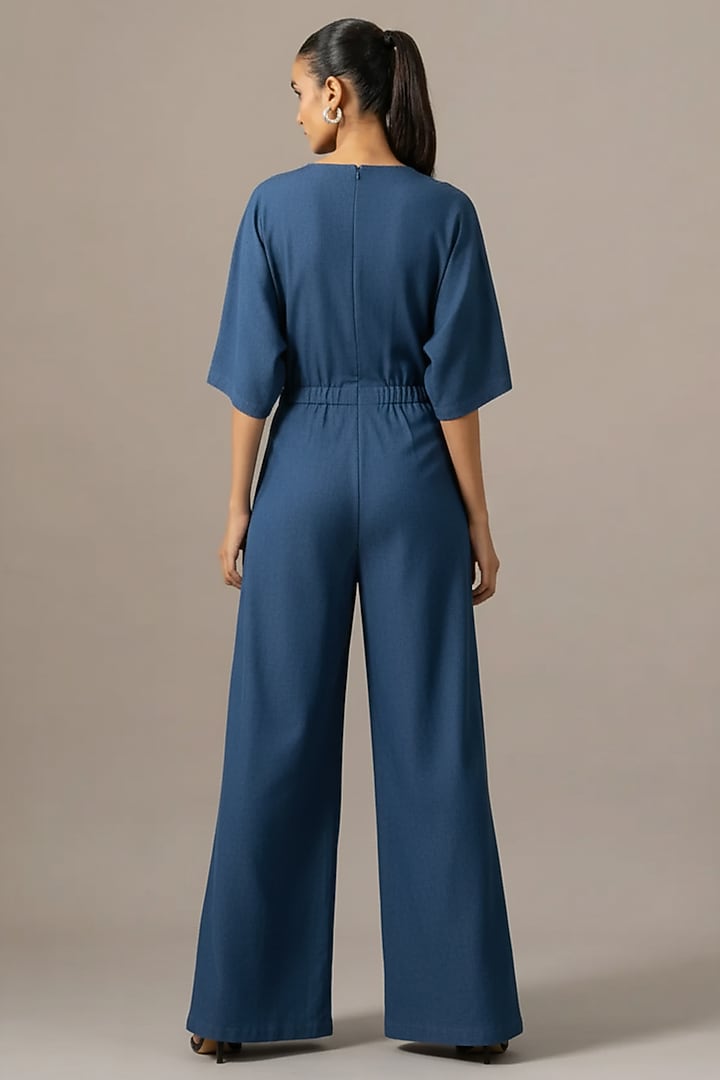 Denim Blue Jersey Box Pleated Jumpsuit by Namrata Joshipura at Pernia's Pop Up Shop