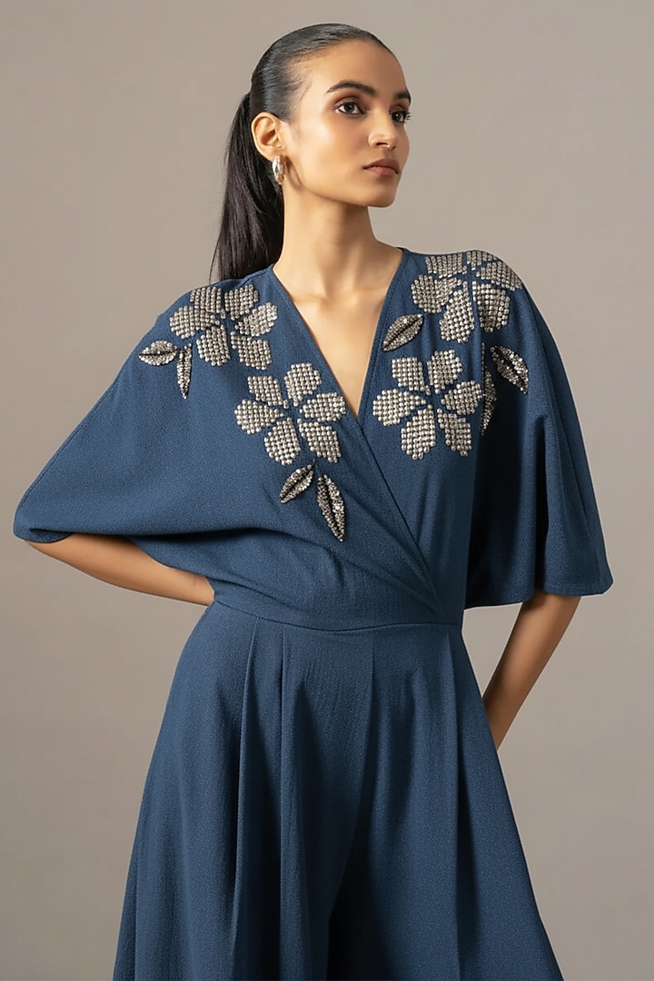 Denim Blue Jersey Box Pleated Jumpsuit by Namrata Joshipura at Pernia's Pop Up Shop
