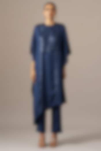 Denim Blue Cupro Embroidered Kaftan Set by Namrata Joshipura at Pernia's Pop Up Shop