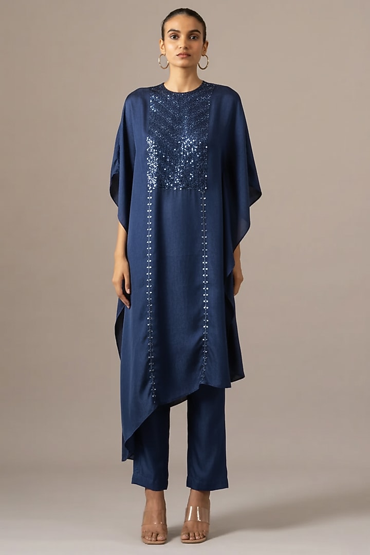 Denim Blue Cupro Embroidered Kaftan Set by Namrata Joshipura at Pernia's Pop Up Shop