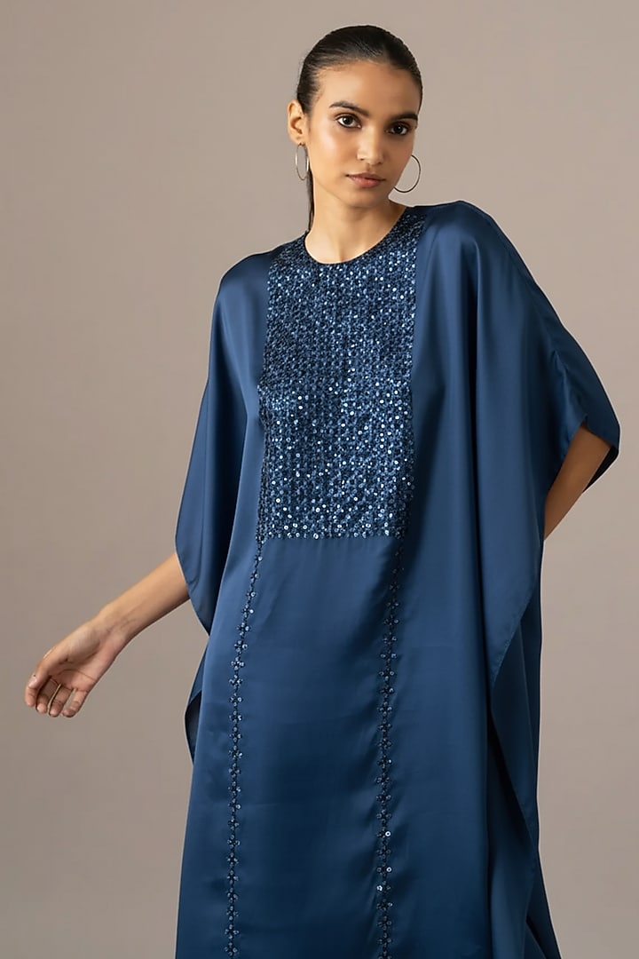 Denim Blue Cupro Embroidered Kaftan Set by Namrata Joshipura at Pernia's Pop Up Shop