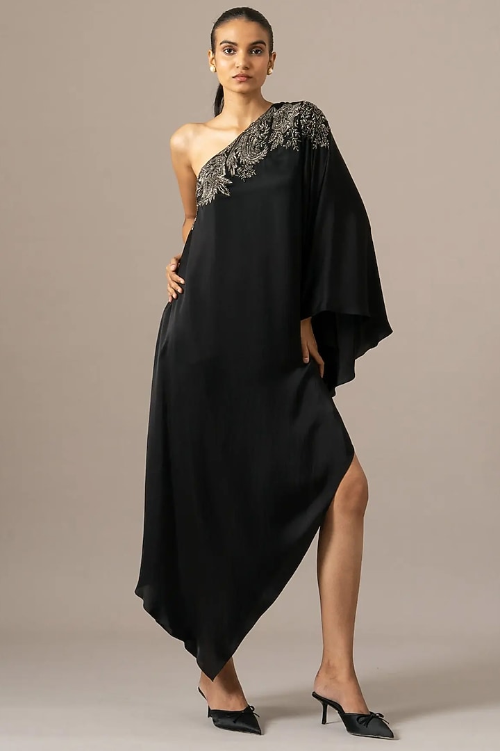 Black Cupro Paisley One Shoulder Cocktail Dress by Namrata Joshipura at Pernia's Pop Up Shop