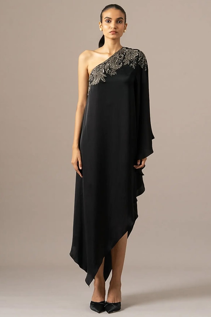 Black Cupro Paisley One Shoulder Cocktail Dress by Namrata Joshipura at Pernia's Pop Up Shop