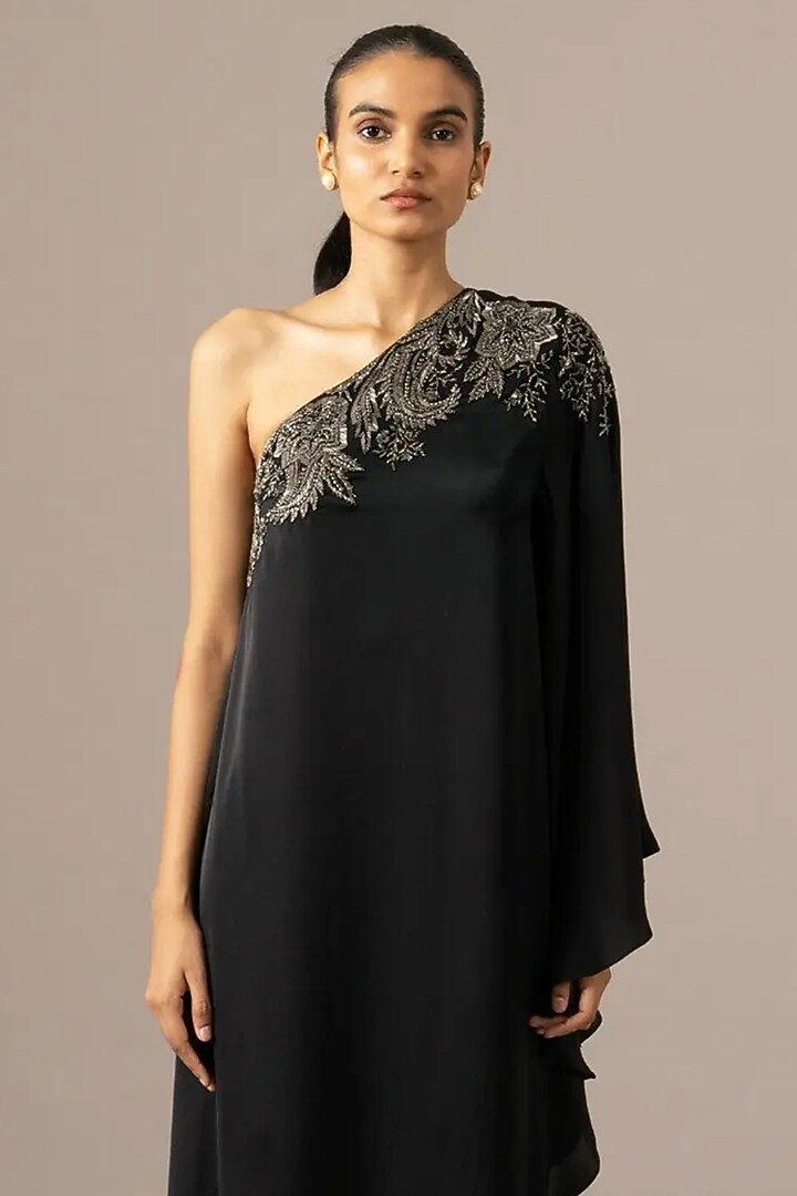 Black Cupro Paisley One Shoulder Cocktail Dress by Namrata Joshipura at Pernia's Pop Up Shop