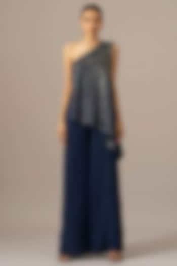 Navy Blue Georgette One Shoulder Jumpsuit by Namrata Joshipura at Pernia's Pop Up Shop