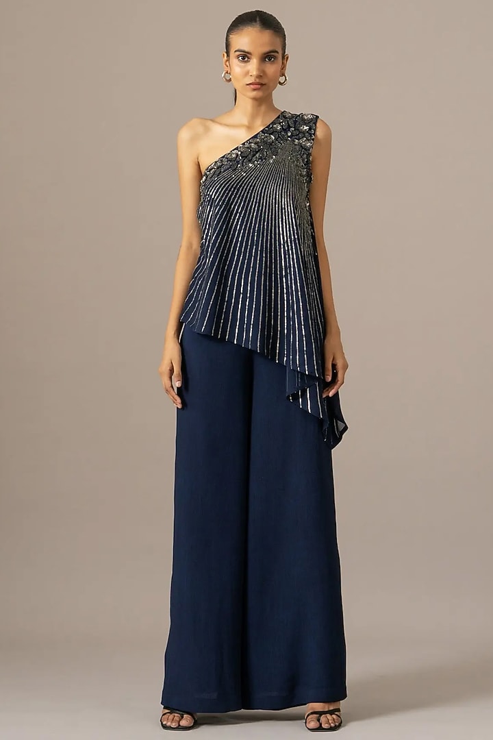 Navy Blue Georgette One Shoulder Jumpsuit by Namrata Joshipura at Pernia's Pop Up Shop