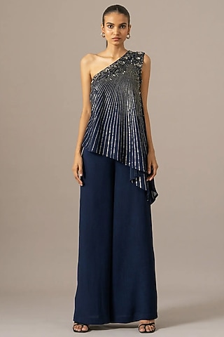 Navy Blue Georgette One Shoulder Jumpsuit by Namrata Joshipura