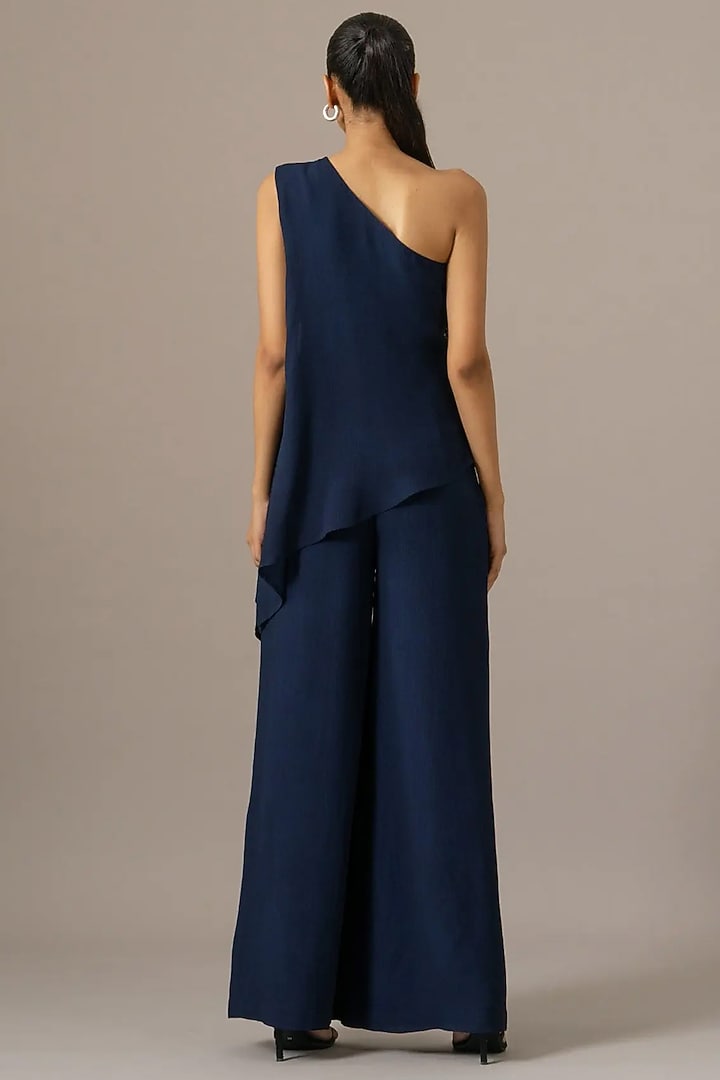 Navy Blue Georgette One Shoulder Jumpsuit by Namrata Joshipura at Pernia's Pop Up Shop