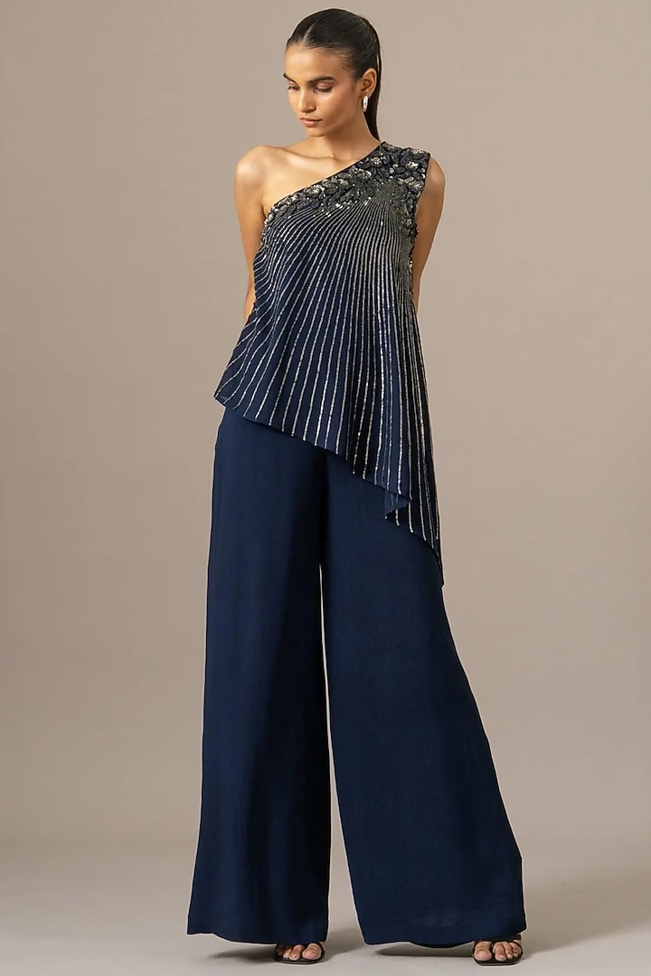Navy Blue Georgette One Shoulder Jumpsuit by Namrata Joshipura at Pernia's Pop Up Shop