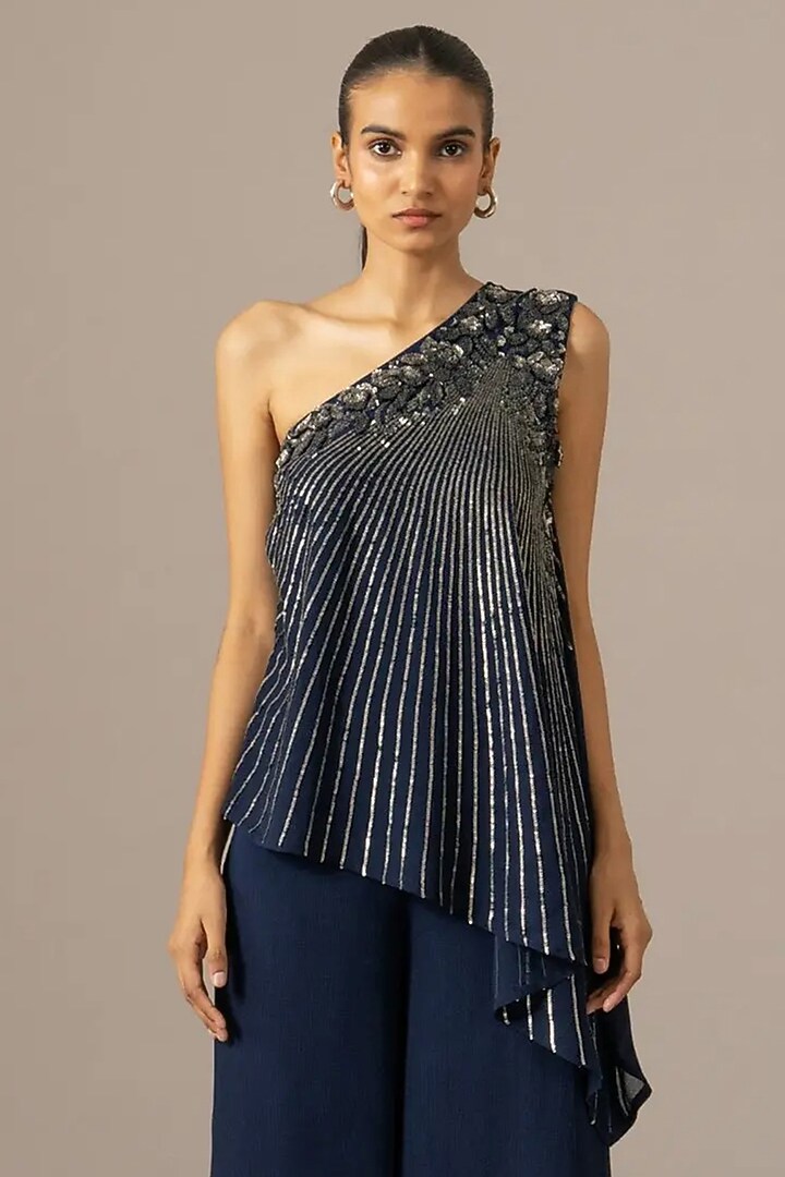 Navy Blue Georgette One Shoulder Jumpsuit by Namrata Joshipura at Pernia's Pop Up Shop