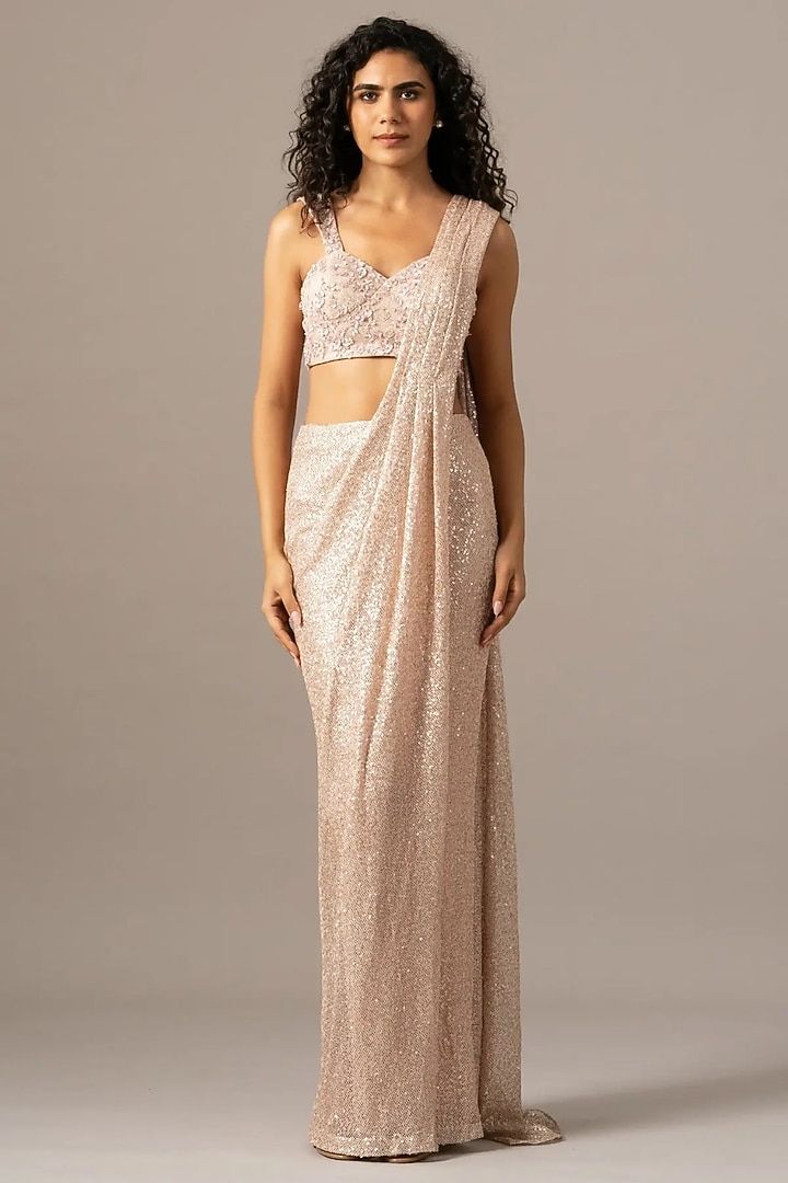 Blush Sequins Mesh Wedding Saree Set by Namrata Joshipura at Pernia's Pop Up Shop