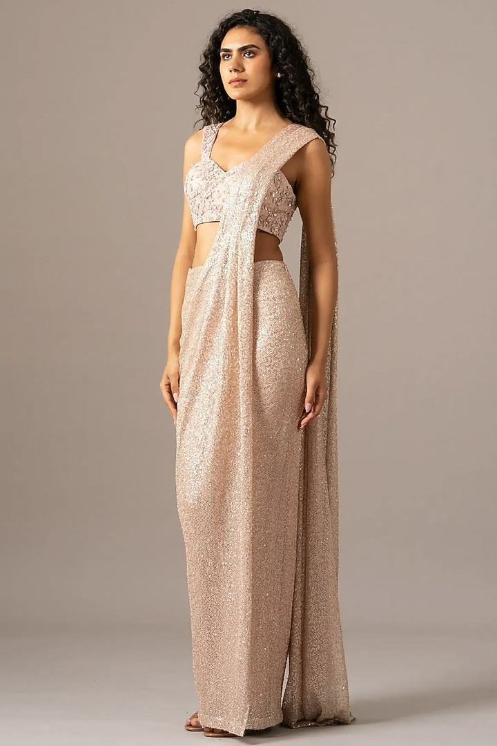 Blush Sequins Mesh Wedding Saree Set by Namrata Joshipura at Pernia's Pop Up Shop