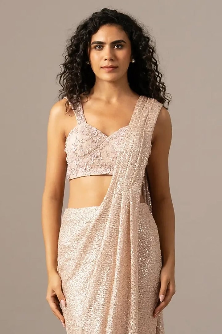 Blush Sequins Mesh Wedding Saree Set by Namrata Joshipura at Pernia's Pop Up Shop