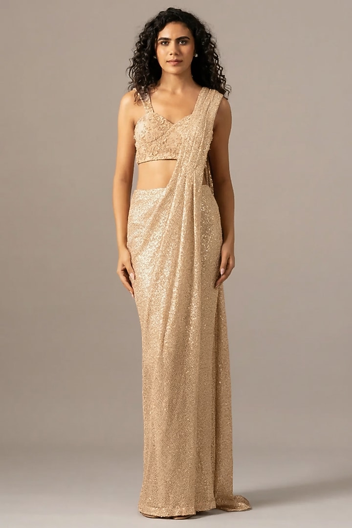 Ivory Sequins Mesh Wedding Saree Set by Namrata Joshipura at Pernia's Pop Up Shop