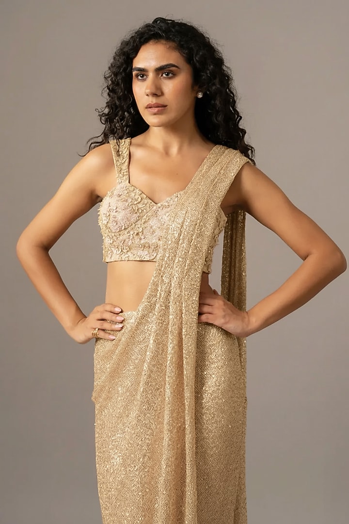 Ivory Sequins Mesh Wedding Saree Set by Namrata Joshipura at Pernia's Pop Up Shop