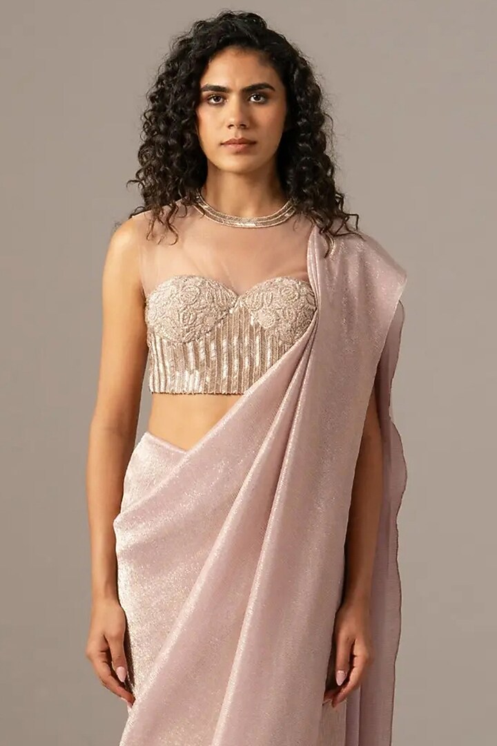 Blush Shimmer Chiffon Wedding Saree Set by Namrata Joshipura at Pernia's Pop Up Shop
