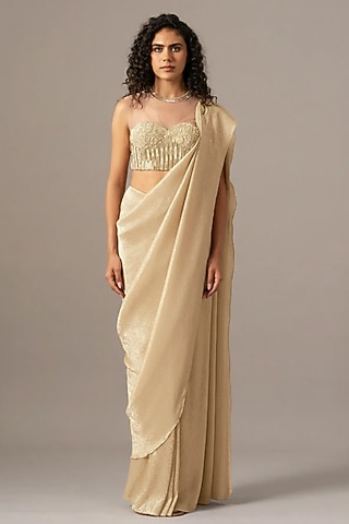 Ivory Shimmer Chiffon Saree Set by Namrata Joshipura