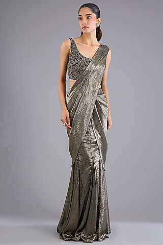 Mud Gold Shimmer Chiffon Mermaid Draped Saree Set by Namrata Joshipura