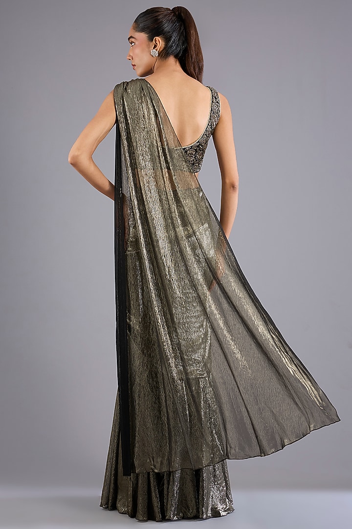 Mud Gold Shimmer Chiffon Mermaid Draped Wedding Saree Set by Namrata Joshipura at Pernia's Pop Up Shop