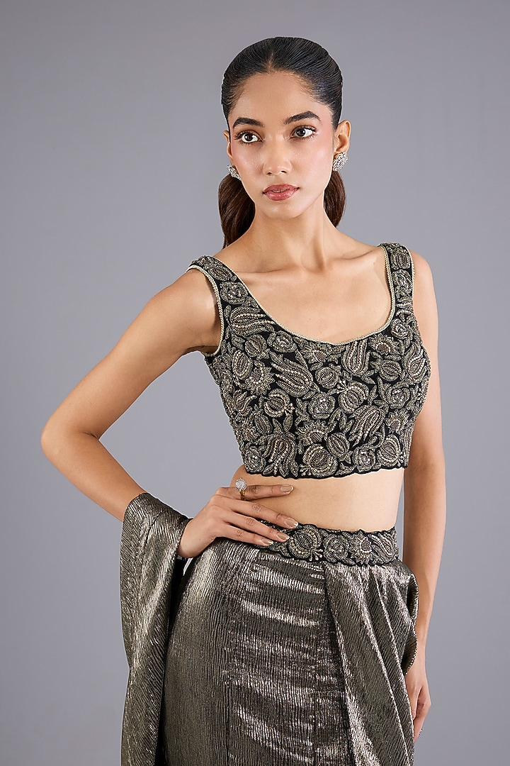 Mud Gold Shimmer Chiffon Mermaid Draped Wedding Saree Set by Namrata Joshipura at Pernia's Pop Up Shop