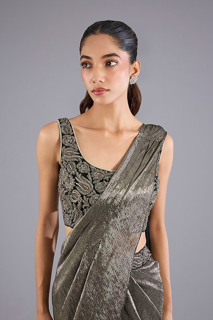 Mud Gold Shimmer Chiffon Mermaid Draped Wedding Saree Set by Namrata Joshipura at Pernia's Pop Up Shop