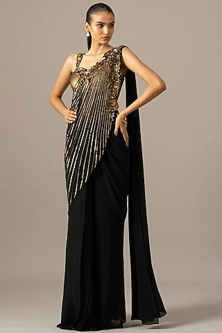 Black Georgette Baroque Saree Set by Namrata Joshipura