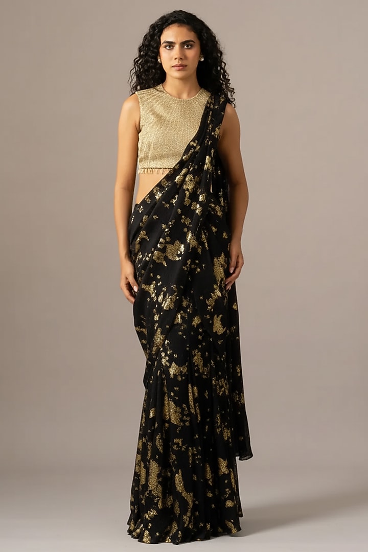 Black Foil Chiffon Mermaid Draped Wedding Saree Set by Namrata Joshipura at Pernia's Pop Up Shop