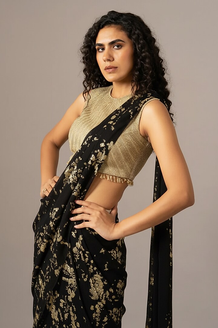 Black Foil Chiffon Mermaid Draped Wedding Saree Set by Namrata Joshipura at Pernia's Pop Up Shop