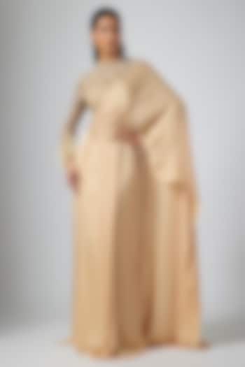 Golden Georgette Satin Draped Reception Saree Set by Namrata Joshipura at Pernia's Pop Up Shop