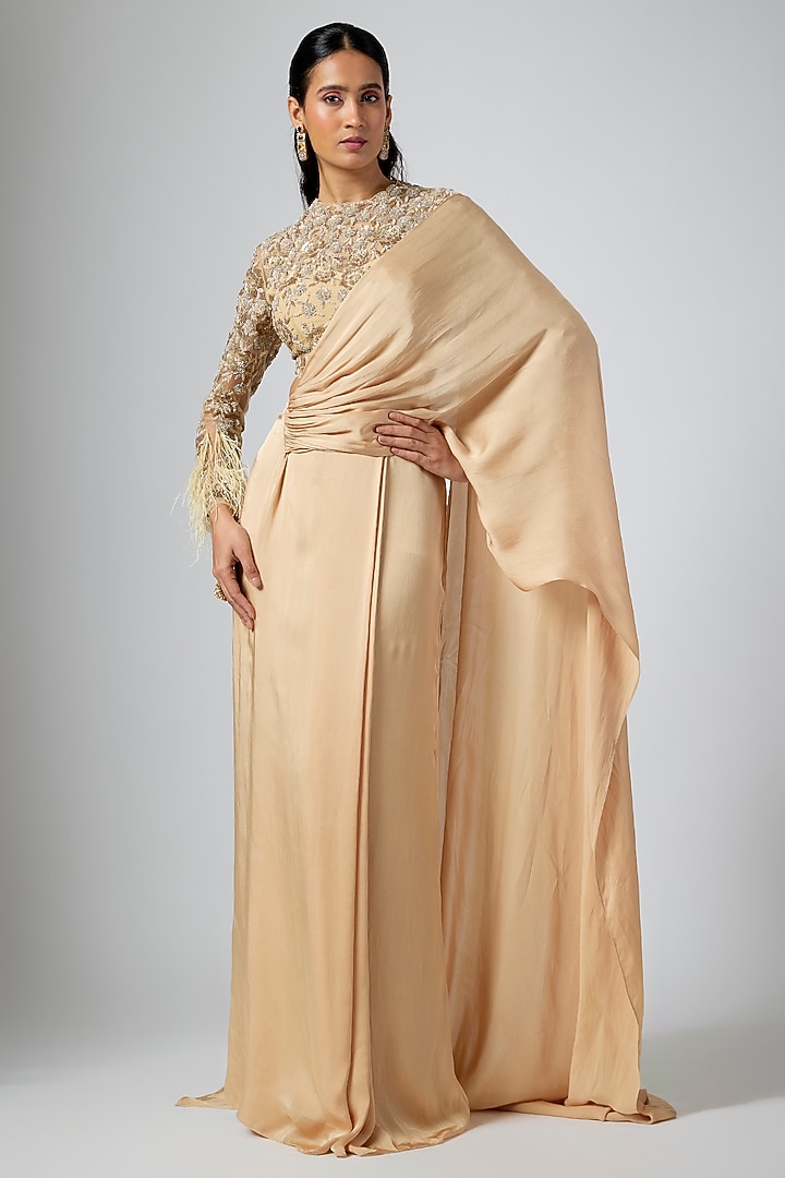Golden Georgette Satin Draped Reception Saree Set by Namrata Joshipura at Pernia's Pop Up Shop
