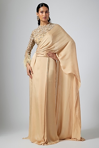 Golden Georgette Satin Draped Saree Set by Namrata Joshipura