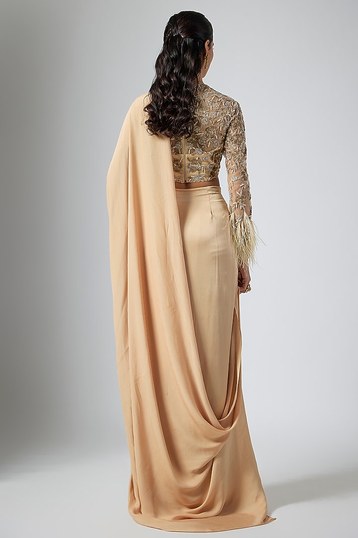 Golden Georgette Satin Draped Reception Saree Set by Namrata Joshipura at Pernia's Pop Up Shop