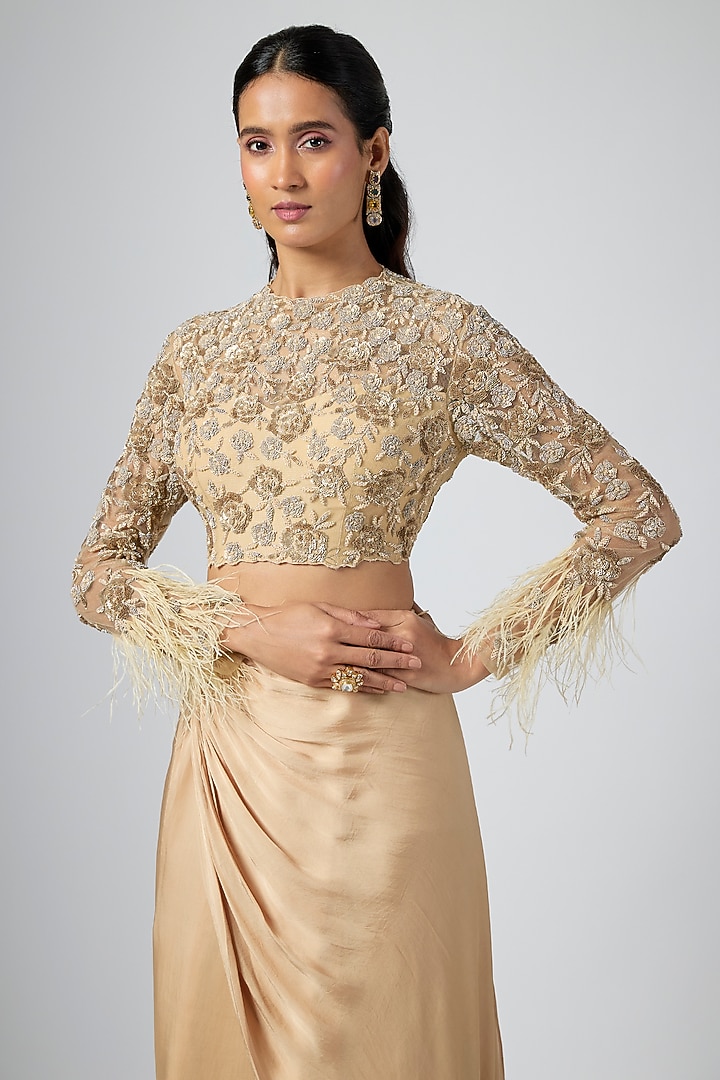 Golden Georgette Satin Draped Reception Saree Set by Namrata Joshipura at Pernia's Pop Up Shop