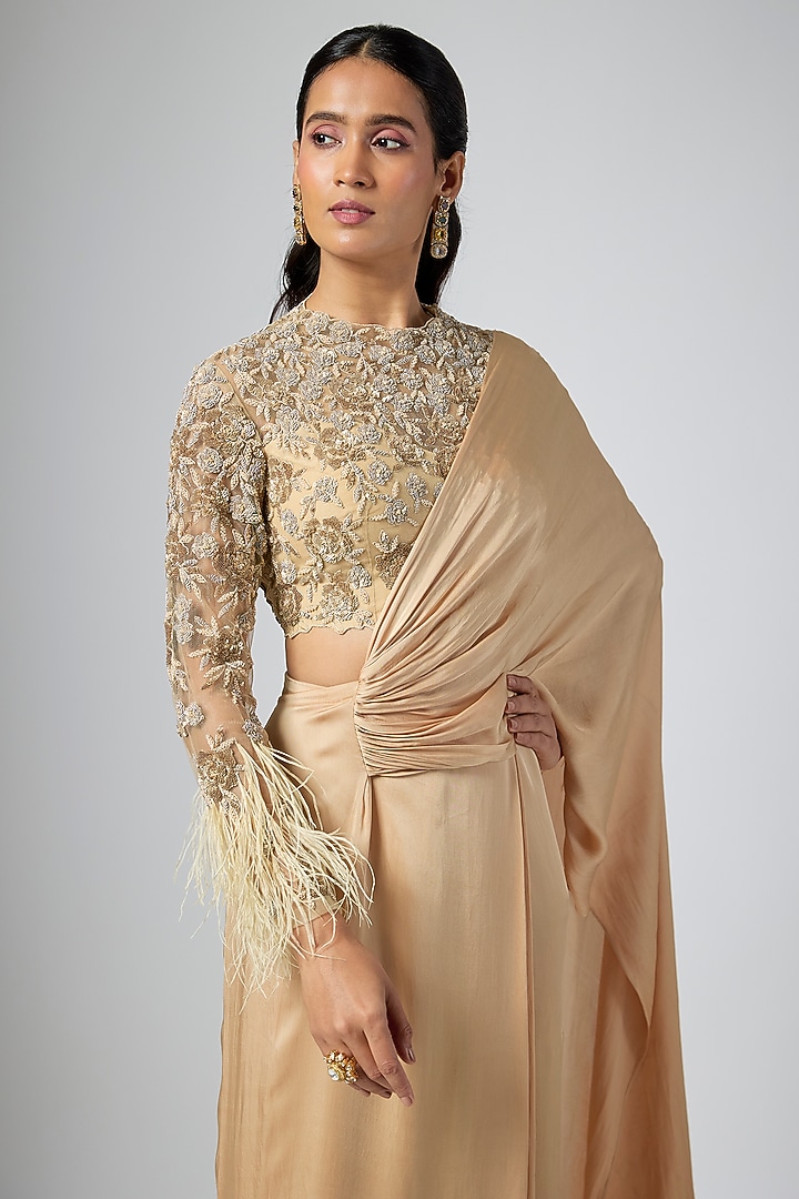 Golden Georgette Satin Draped Reception Saree Set by Namrata Joshipura at Pernia's Pop Up Shop
