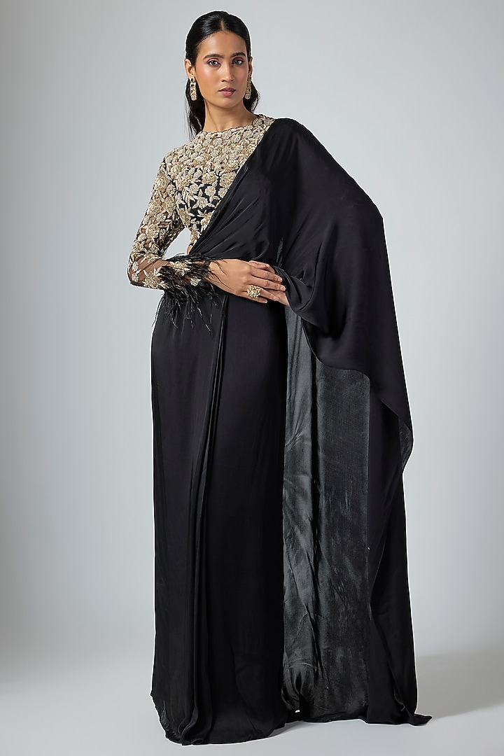 Black Georgette Satin Draped Reception Saree Set by Namrata Joshipura at Pernia's Pop Up Shop