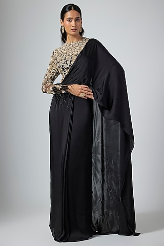 Black Georgette Satin Draped Saree Set by Namrata Joshipura