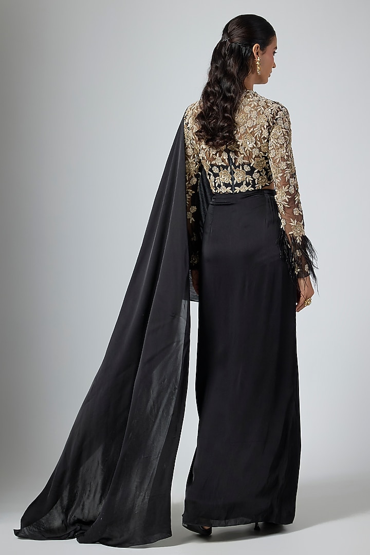 Black Georgette Satin Draped Reception Saree Set by Namrata Joshipura at Pernia's Pop Up Shop