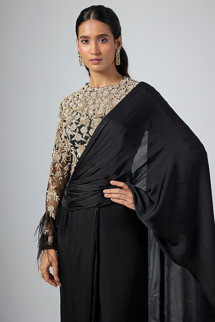 Black Georgette Satin Draped Reception Saree Set by Namrata Joshipura at Pernia's Pop Up Shop