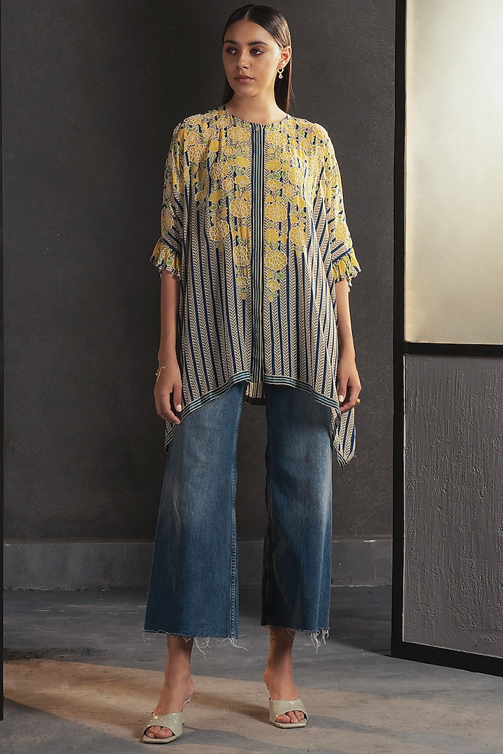 Denim Blue Hand Embellished Chevron Frill Top by Namrata Joshipura at Pernia's Pop Up Shop