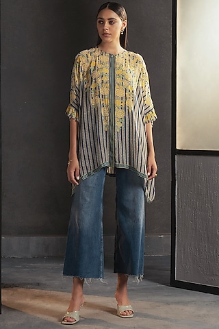 Denim Blue Hand Embellished Chevron Frill Top by Namrata Joshipura