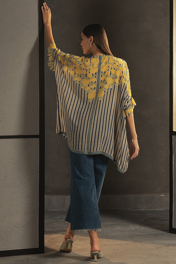 Denim Blue Hand Embellished Chevron Frill Top by Namrata Joshipura at Pernia's Pop Up Shop