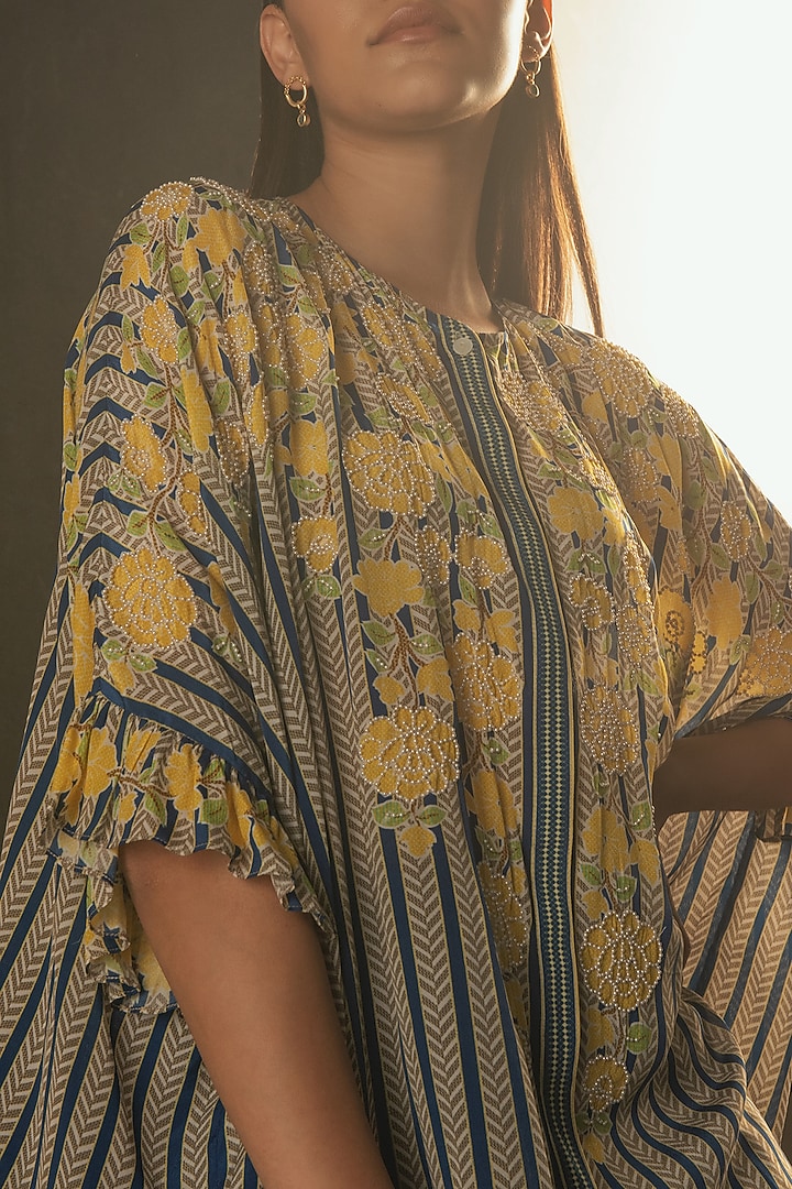 Denim Blue Hand Embellished Chevron Frill Top by Namrata Joshipura at Pernia's Pop Up Shop