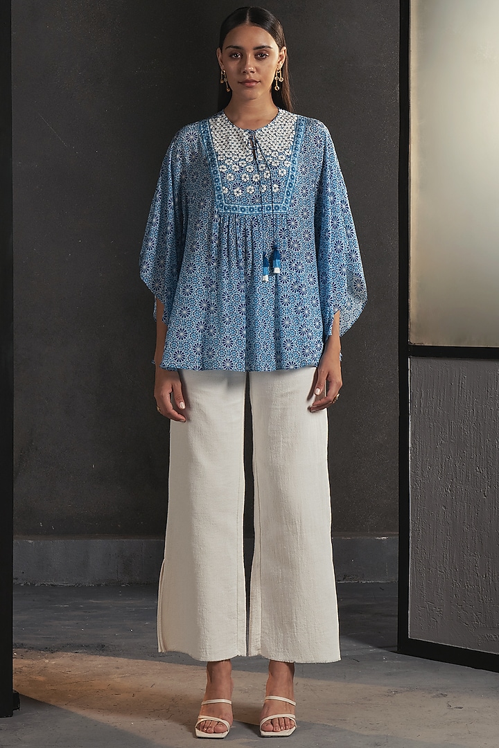 Blue Hand Embellished & Printed Kaftan Top by Namrata Joshipura at Pernia's Pop Up Shop