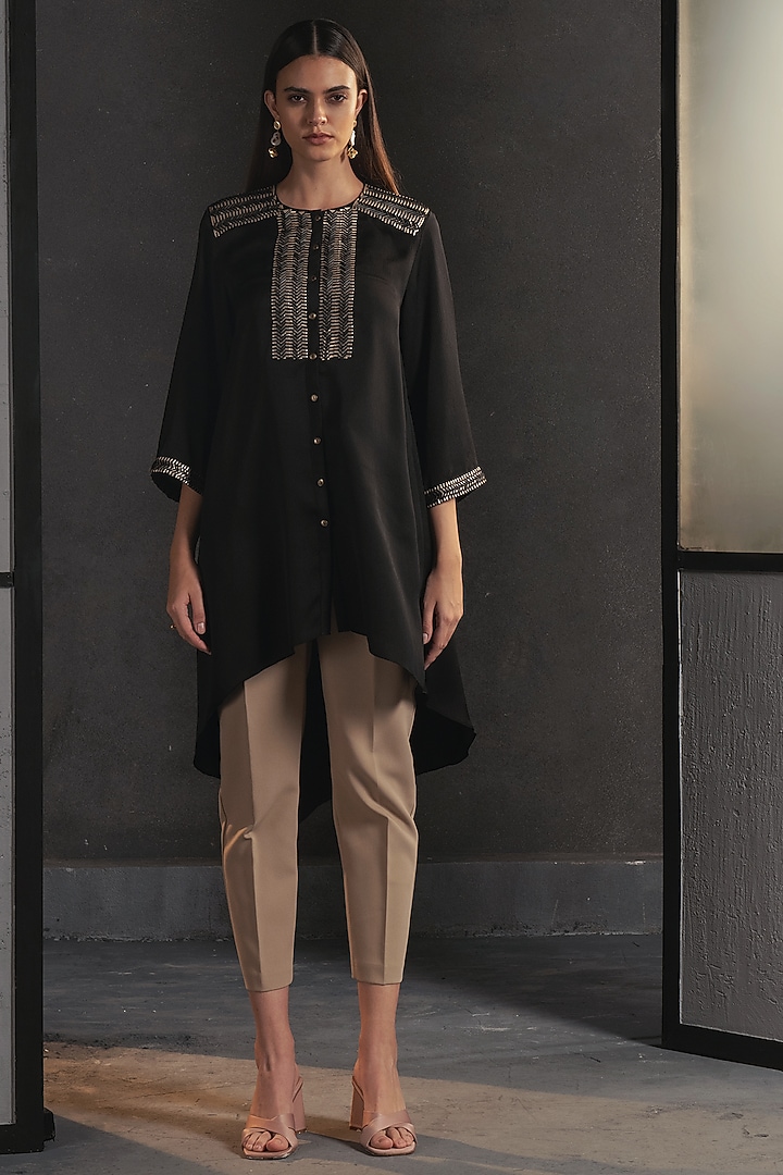 Black Embellished Asymmetrical Tunic by Namrata Joshipura at Pernia's Pop Up Shop