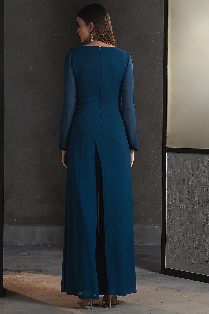 Denim Blue Hand Embellished Draped Jumpsuit by Namrata Joshipura at Pernia's Pop Up Shop