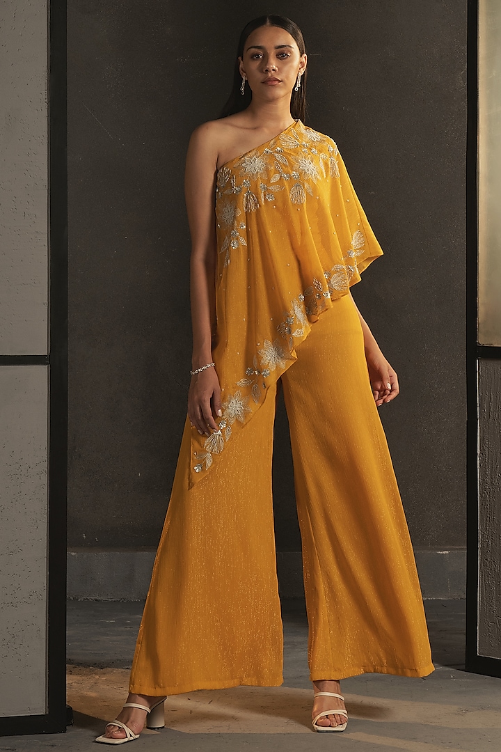 Ochre Hand Embroidered Off Shoulder Jumpsuit by Namrata Joshipura at Pernia's Pop Up Shop