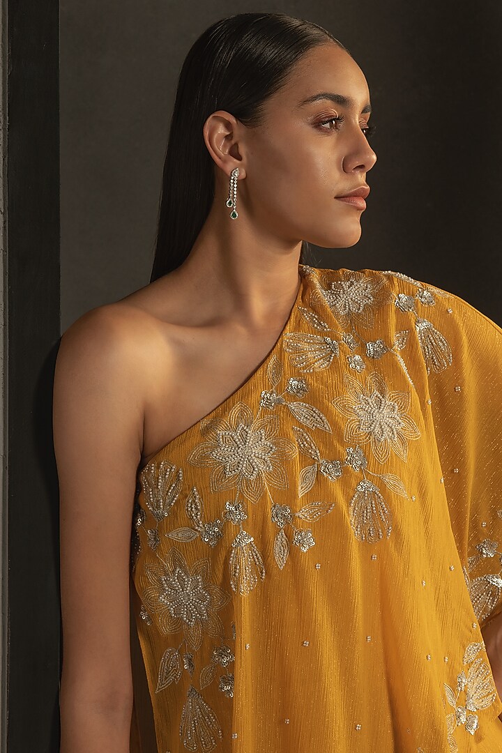 Ochre Hand Embroidered Off Shoulder Jumpsuit by Namrata Joshipura at Pernia's Pop Up Shop