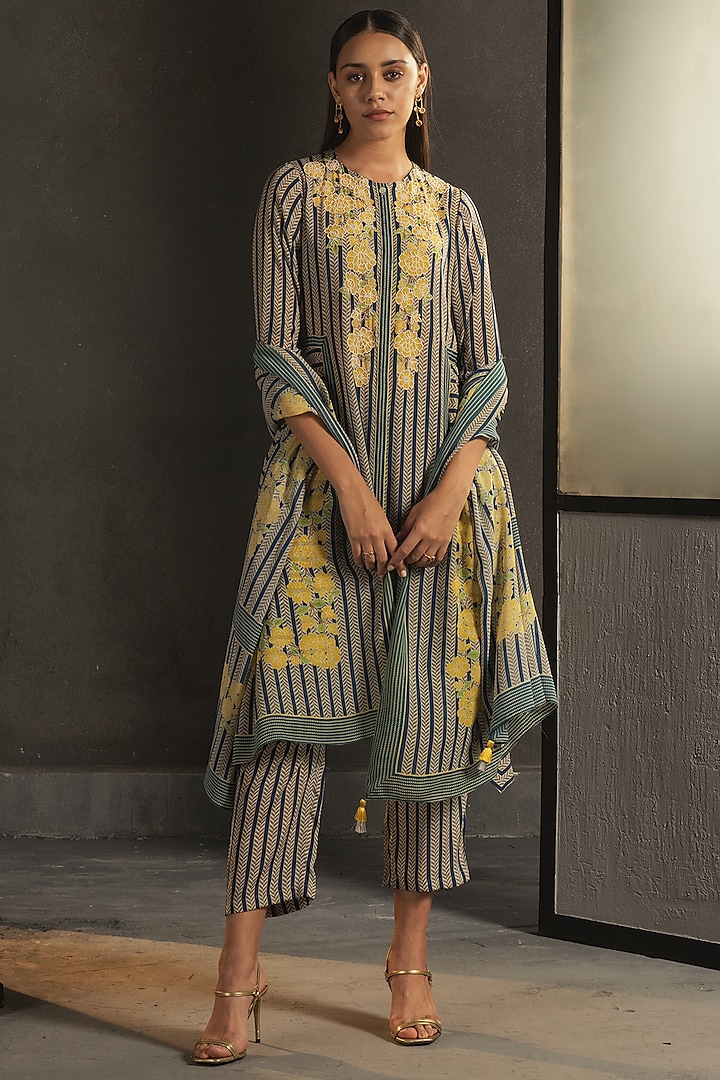 Denim Blue Hand Embroidered Kurta Set by Namrata Joshipura at Pernia's Pop Up Shop