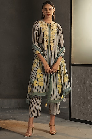 Denim Blue Hand Embroidered Kurta Set by Namrata Joshipura