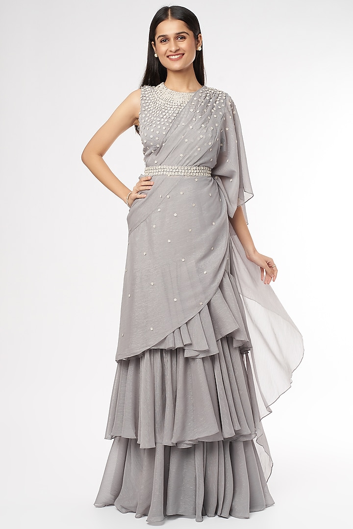 Grey Floral Embellished Saree Set by Namrata Joshipura